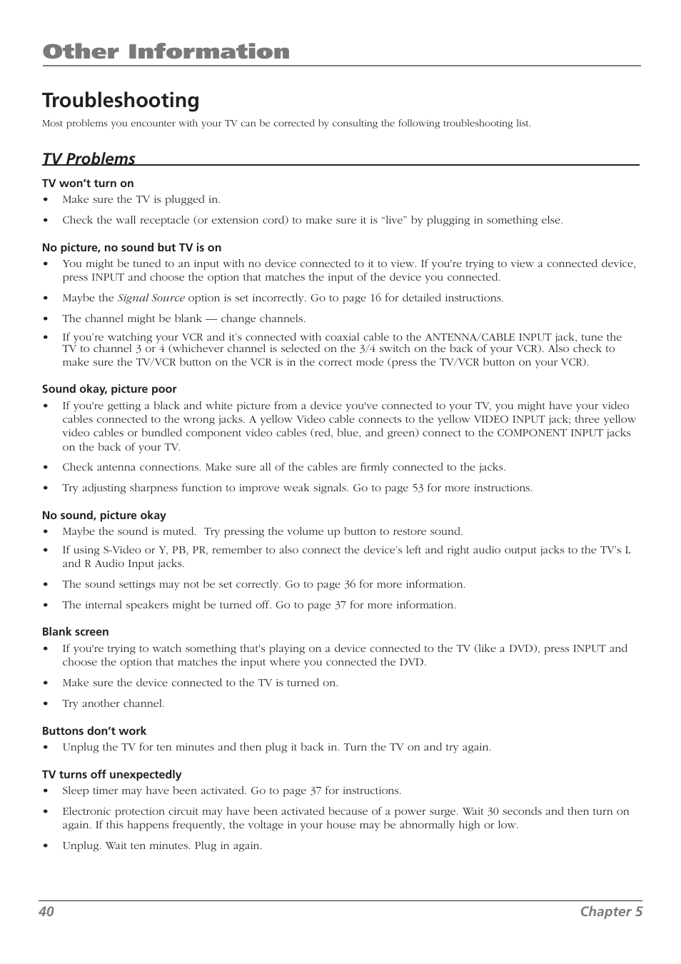 Other information troubleshooting, Tv problems | RCA L32WD23 User Manual | Page 40 / 48