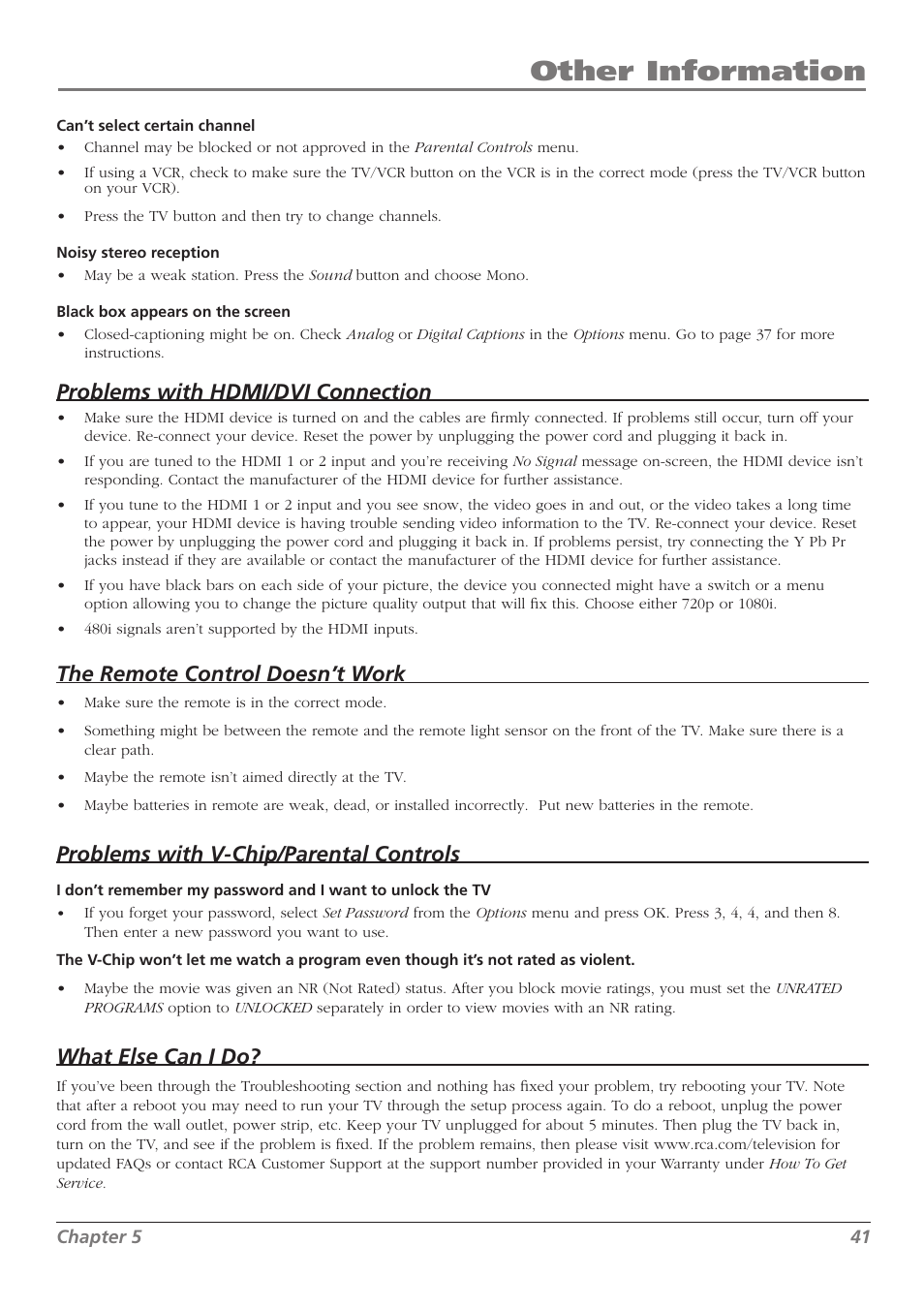 Other information, Problems with hdmi/dvi connection, The remote control doesn’t work | Problems with v-chip/parental controls, What else can i do | RCA L32WD23 User Manual | Page 41 / 48