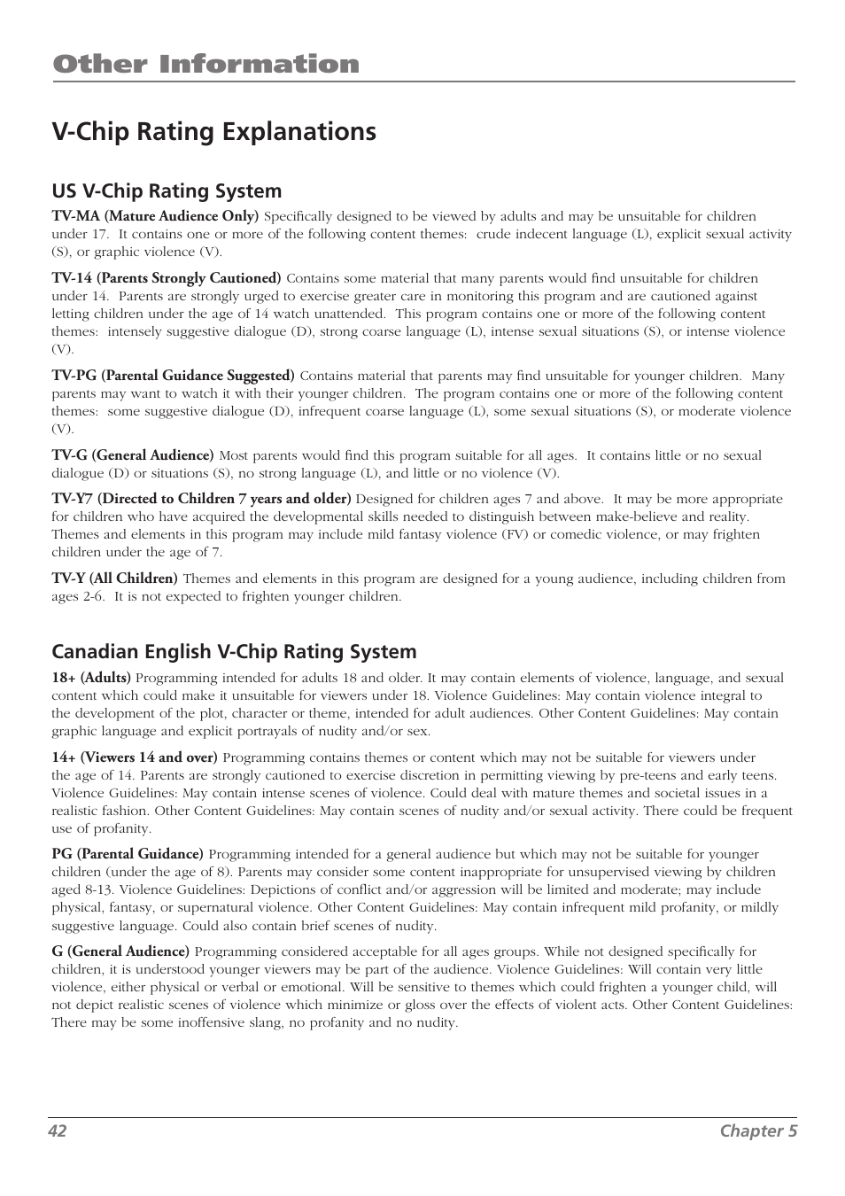 Other information v-chip rating explanations, Us v-chip rating system, Canadian english v-chip rating system | RCA L32WD23 User Manual | Page 42 / 48