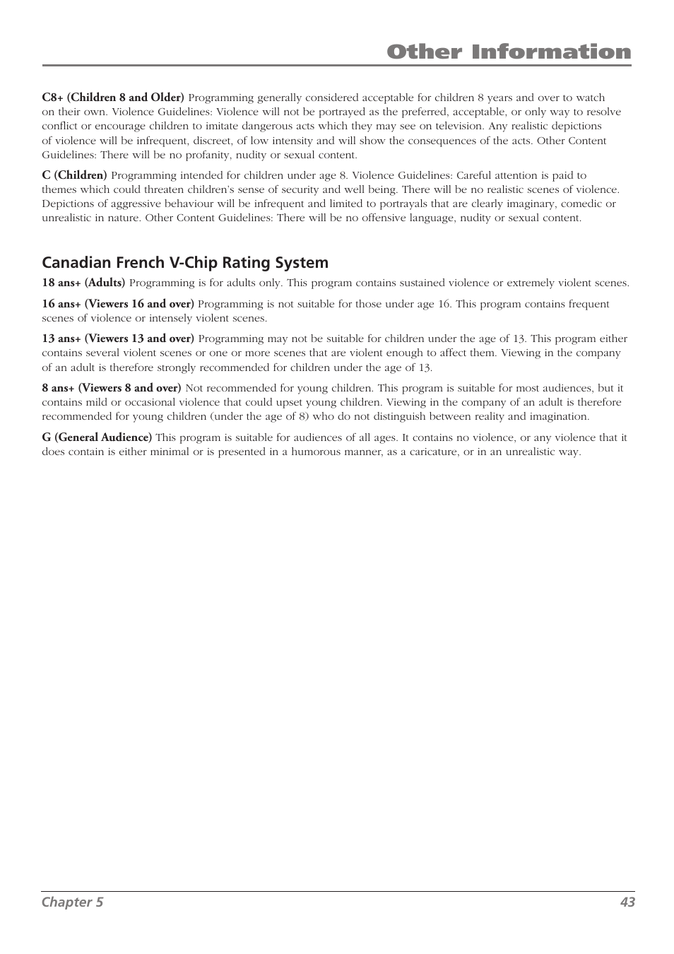 Other information, Canadian french v-chip rating system | RCA L32WD23 User Manual | Page 43 / 48