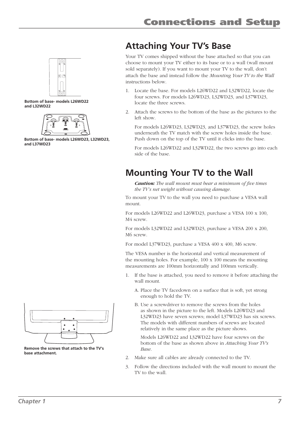 Connections and setup, Mounting your tv to the wall, Attaching your tv’s base | RCA L32WD23 User Manual | Page 7 / 48