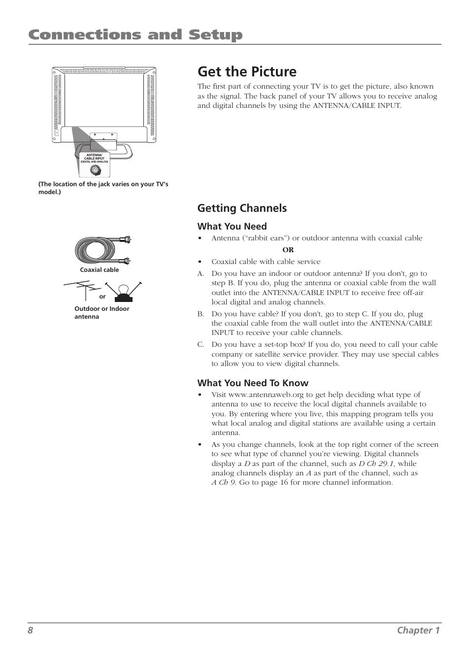 Connections and setup, Get the picture, Getting channels | RCA L32WD23 User Manual | Page 8 / 48