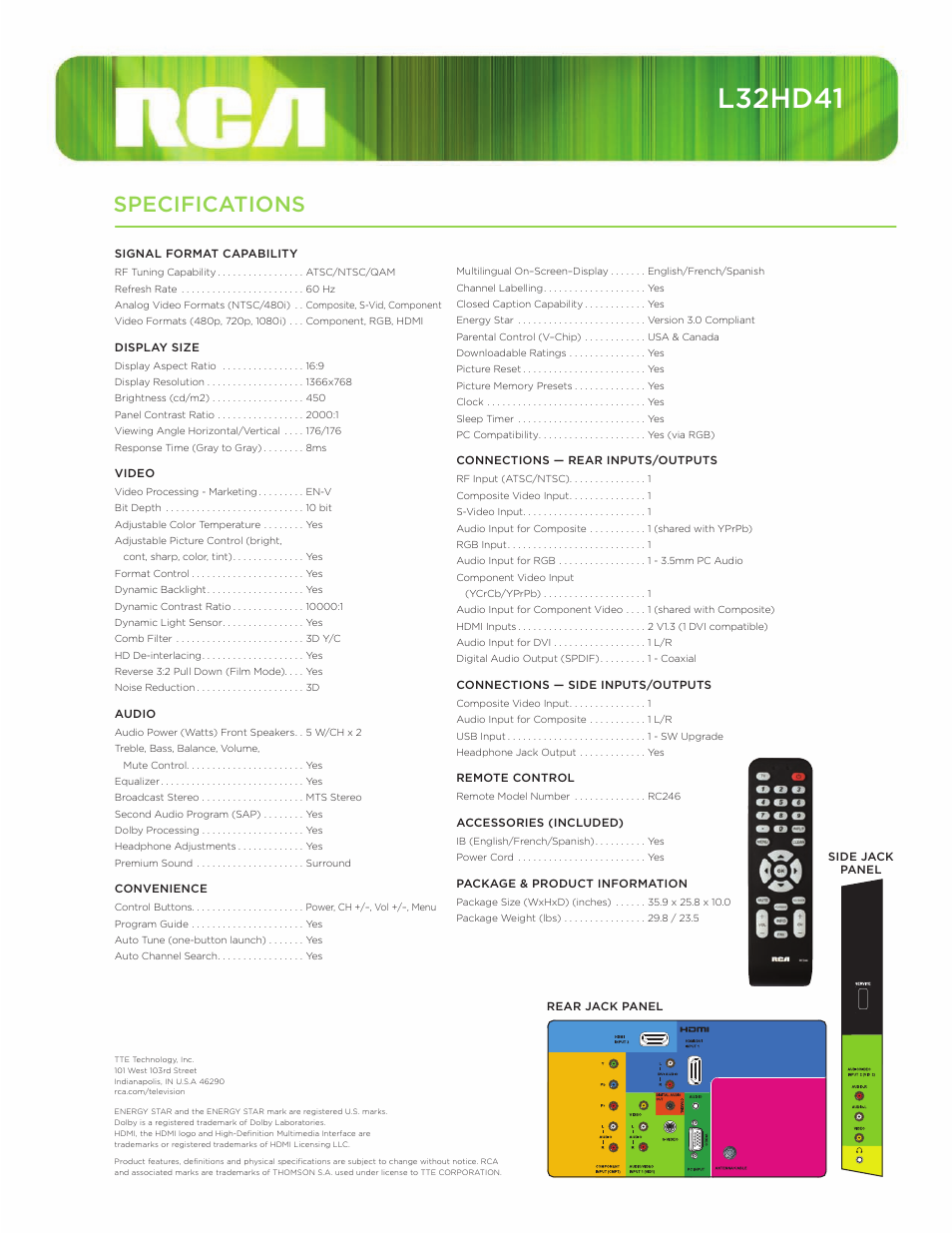 L32hd41, Specifications | RCA L32HD41 User Manual | Page 2 / 2