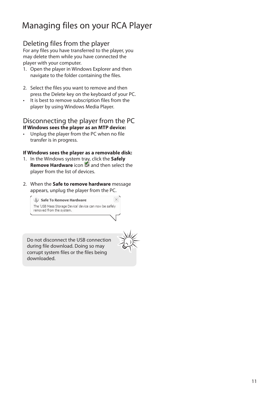 Deleting files from the player, Disconnecting the player from the pc, Managing files on your rca player | RCA MC4308 User Manual | Page 11 / 87