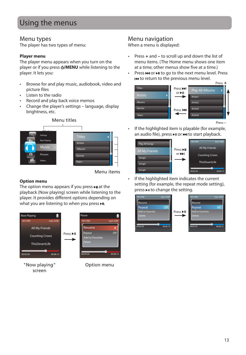 Using the menus, Menu types, Menu navigation | RCA MC4308 User Manual | Page 13 / 87