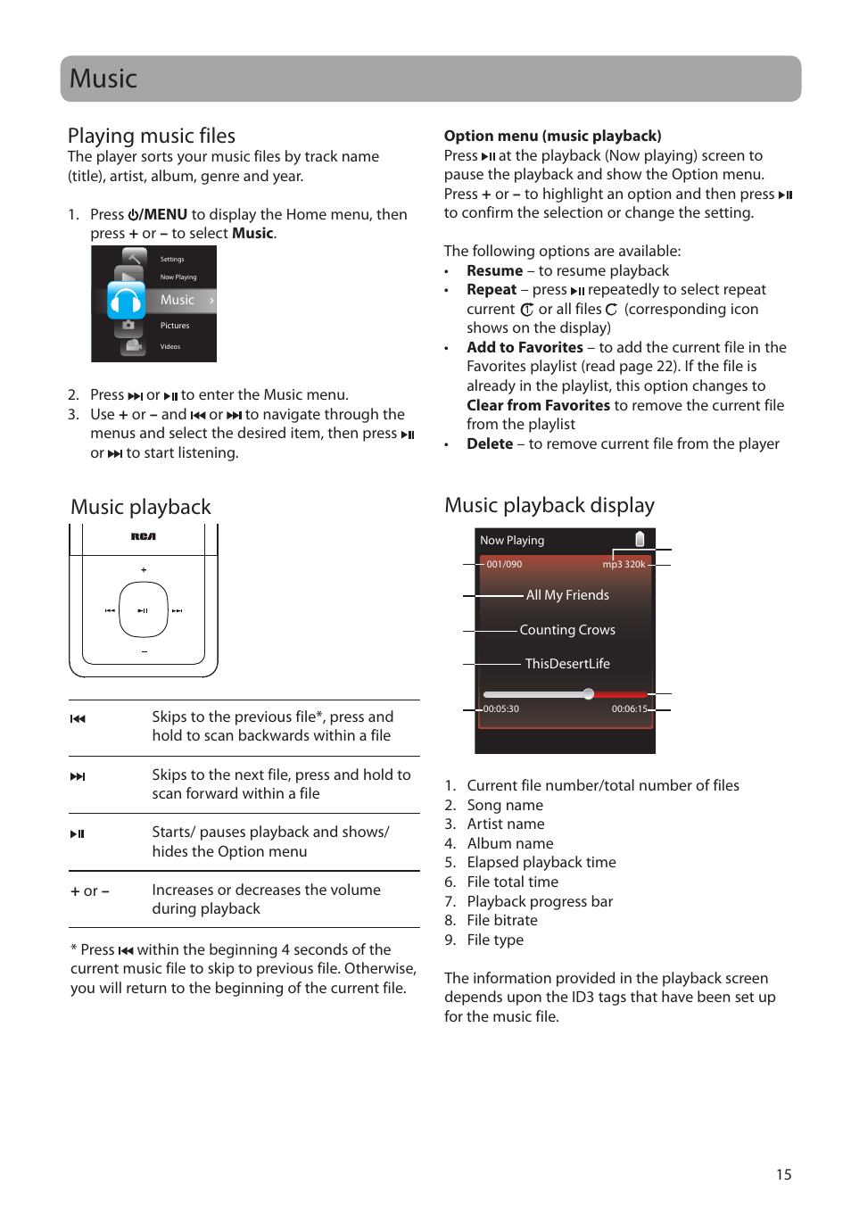 Music, Playing music files, Music playback | Music playback display, Music playback music playback display | RCA MC4308 User Manual | Page 15 / 87