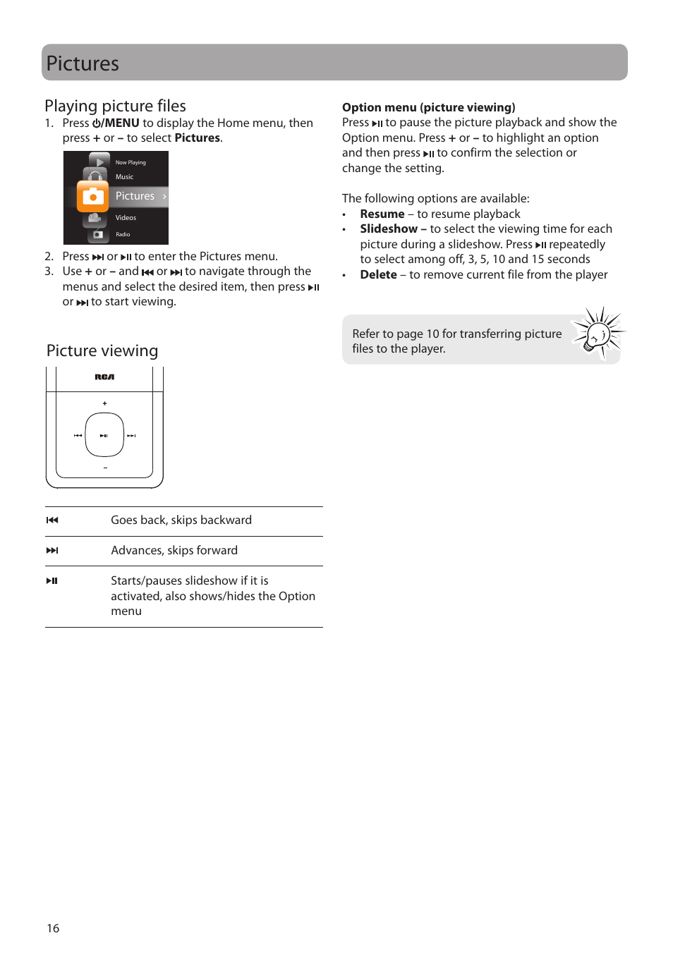 Pictures, Playing picture files, Picture viewing | RCA MC4308 User Manual | Page 16 / 87