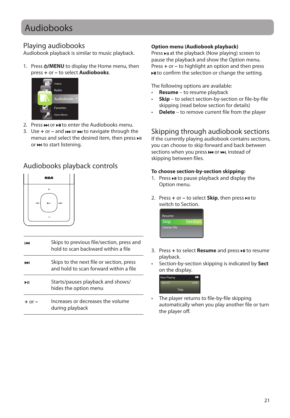 Audiobooks, Playing audiobooks, Audiobooks playback controls | Skipping through audiobook sections | RCA MC4308 User Manual | Page 21 / 87