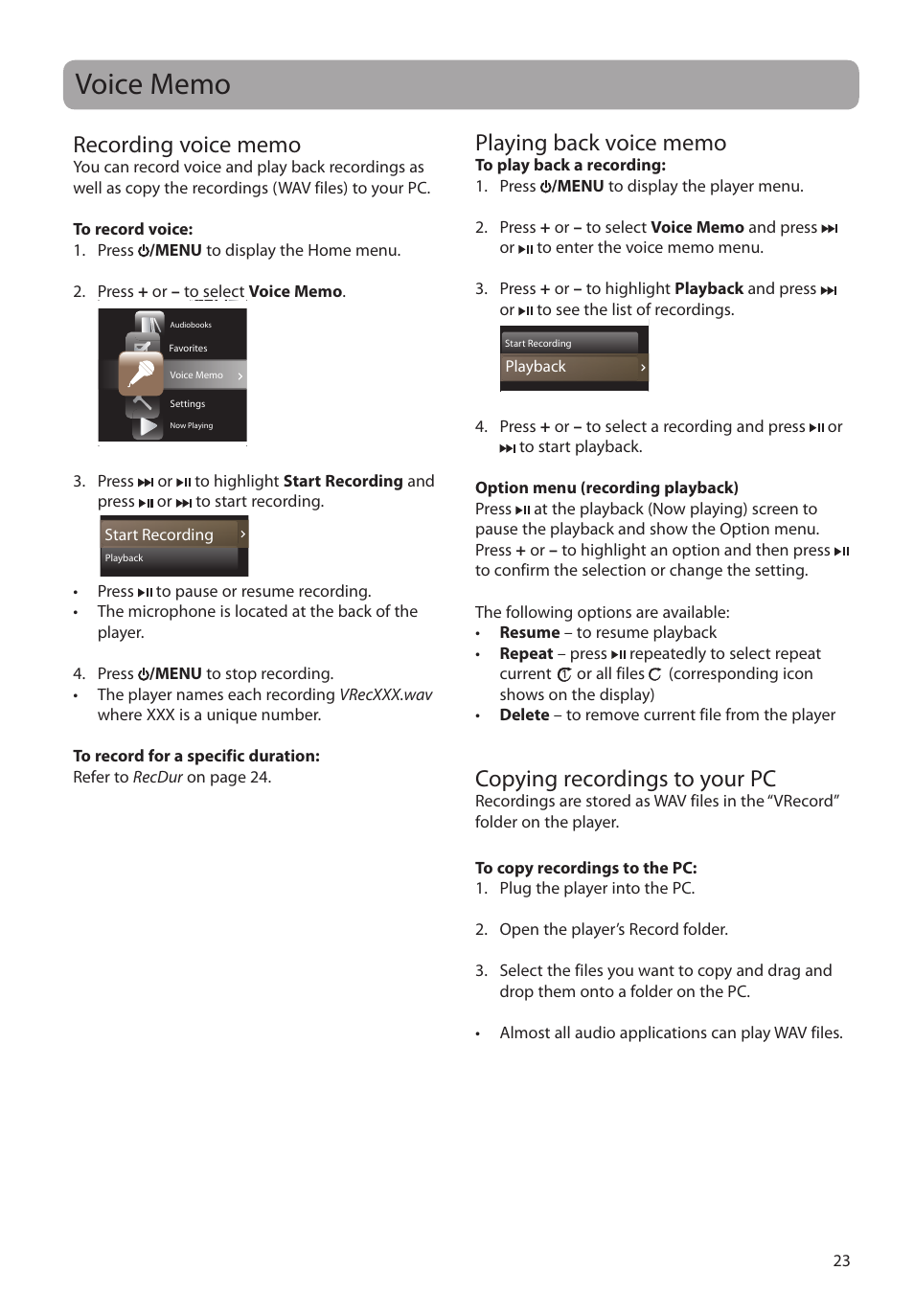 Voice memo, Recording voice memo, Playing back voice memo | Copying recordings to your pc | RCA MC4308 User Manual | Page 23 / 87