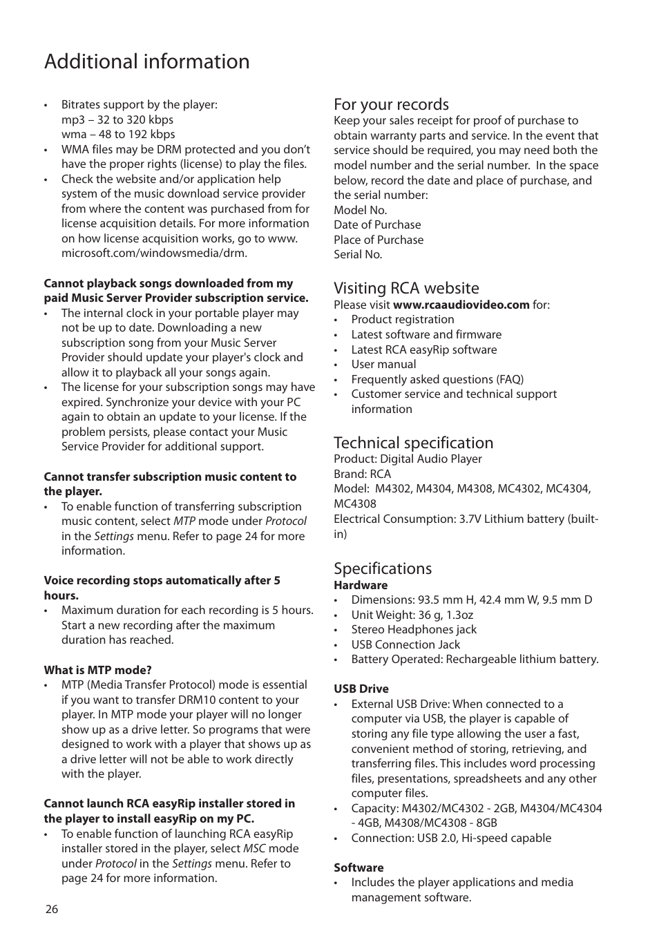 For your records, Visiting rca website, Technical specification | Specifications, Additional information | RCA MC4308 User Manual | Page 26 / 87