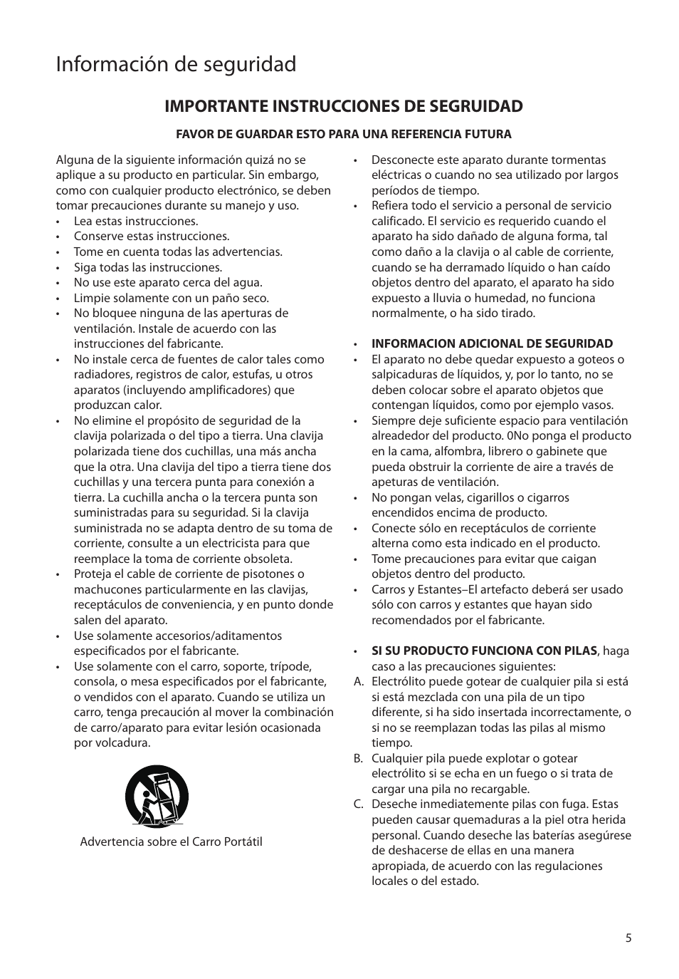 Importante instrucciones de segruidad, Información de seguridad | RCA MC4308 User Manual | Page 34 / 87