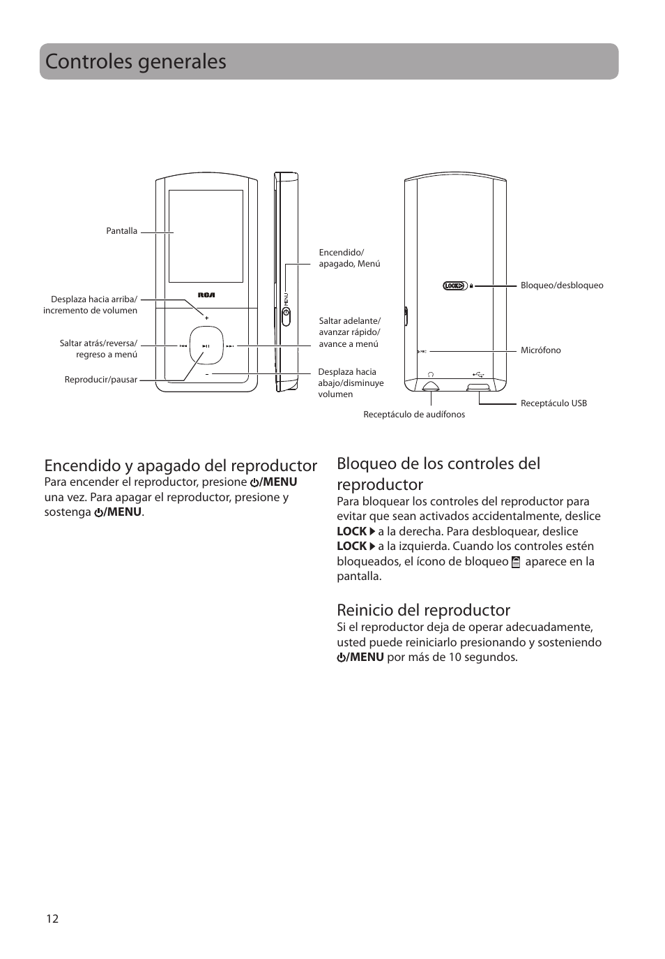 Controles generales, Encendido y apagado del reproductor, Bloqueo de los controles del reproductor | Reinicio del reproductor | RCA MC4308 User Manual | Page 41 / 87