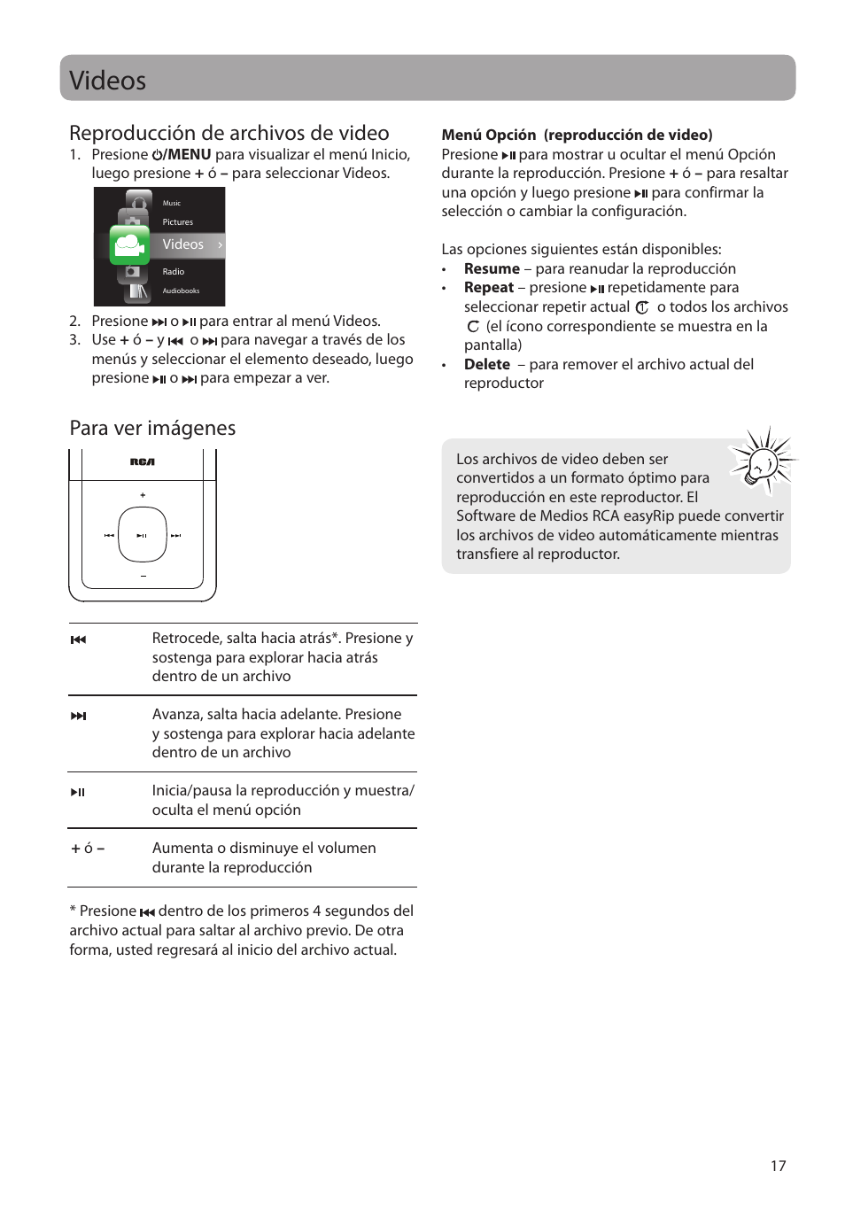 Videos, Reproducción de archivos de video, Para ver imágenes | RCA MC4308 User Manual | Page 46 / 87