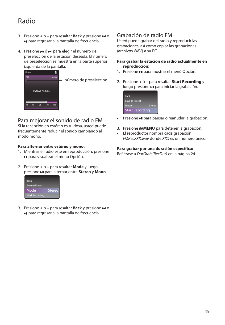 Para mejorar el sonido de radio fm, Grabación de radio fm, Radio | RCA MC4308 User Manual | Page 48 / 87