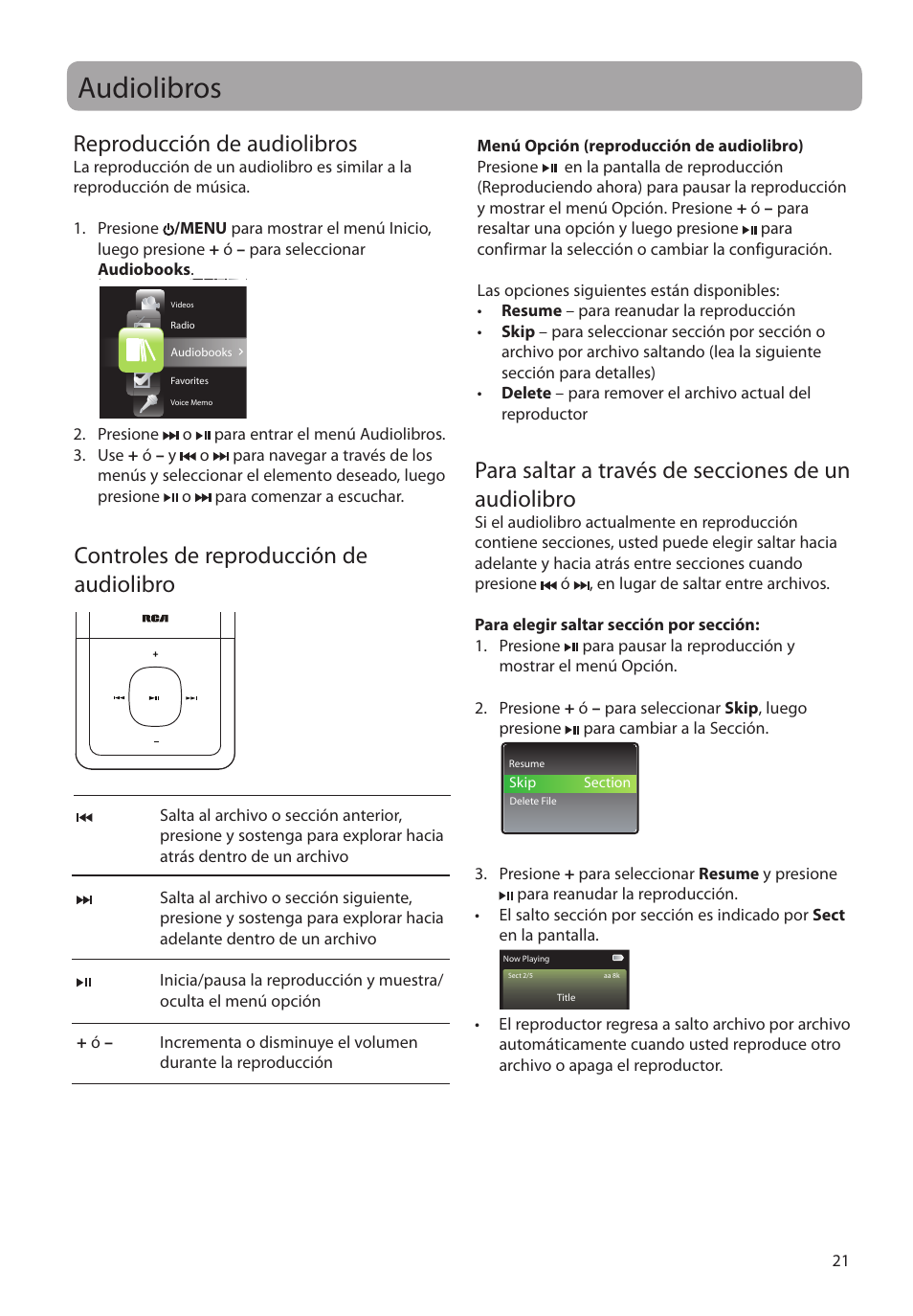 Audiolibros, Reproducción de audiolibros, Controles de reproducción de audiolibro | Para saltar a través de secciones de un audiolibro | RCA MC4308 User Manual | Page 50 / 87