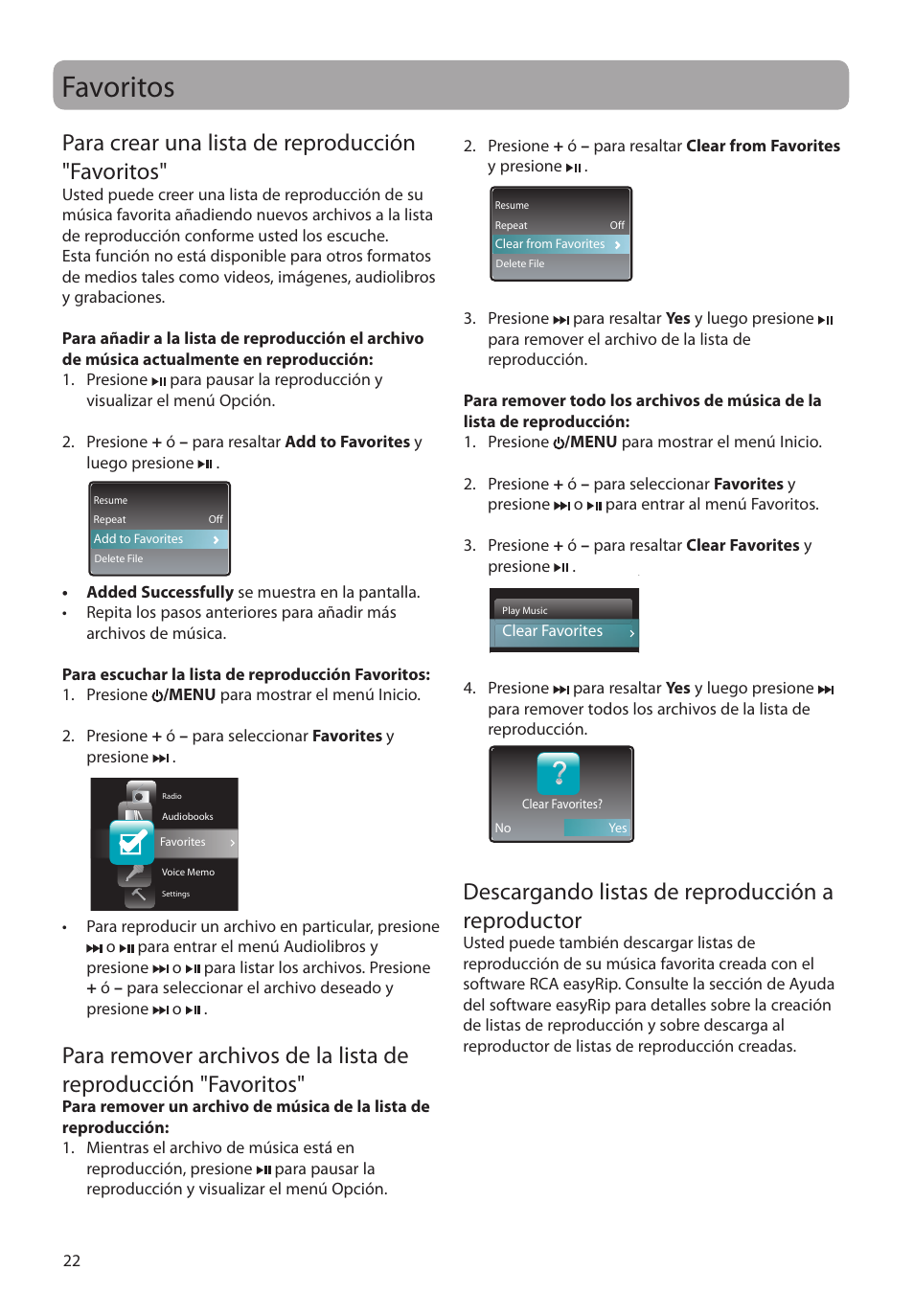 Favoritos, Para crear una lista de reproducción "favoritos, Descargando listas de reproducción a reproductor | RCA MC4308 User Manual | Page 51 / 87