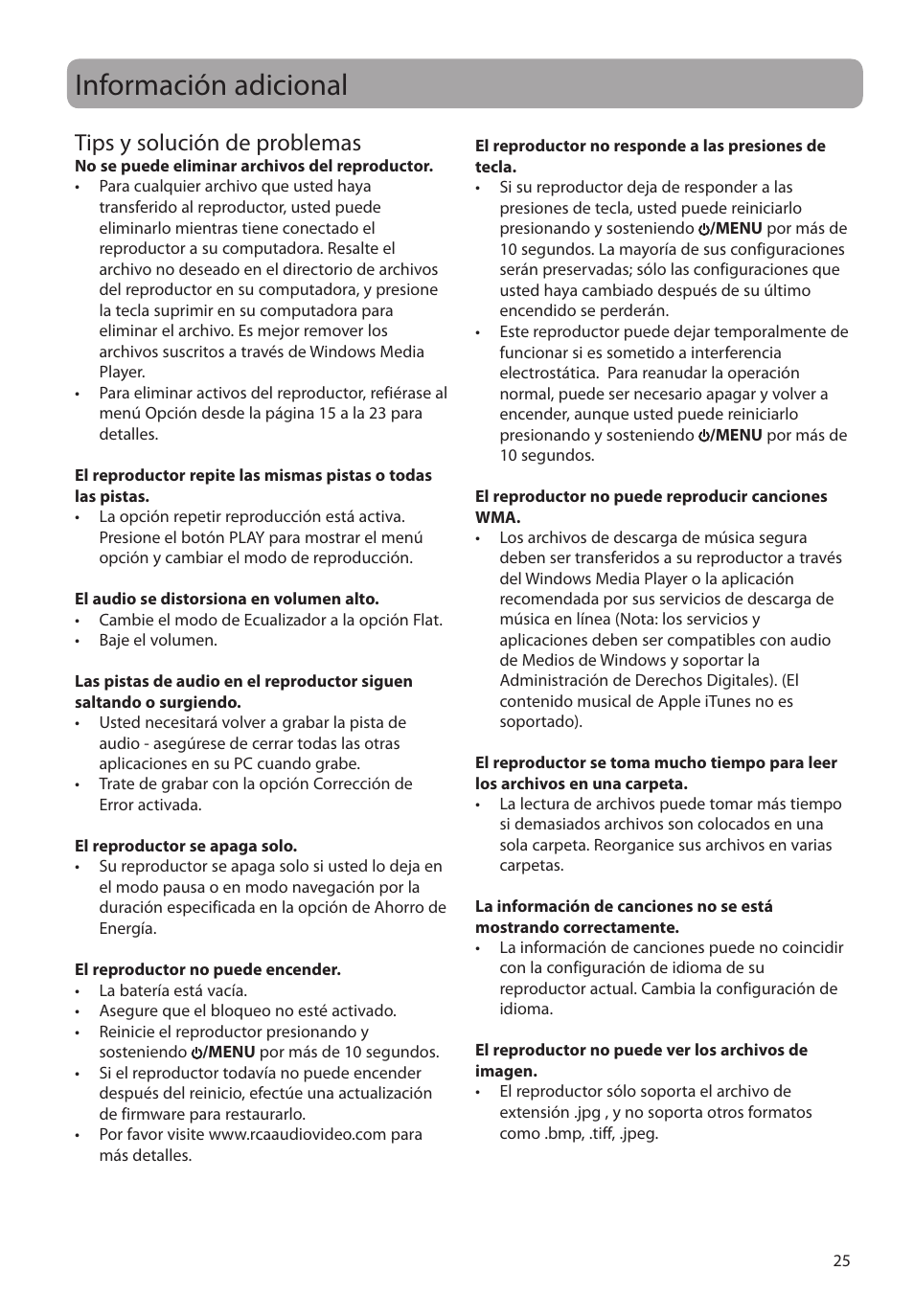 Información adicional, Tips y solución de problemas | RCA MC4308 User Manual | Page 54 / 87