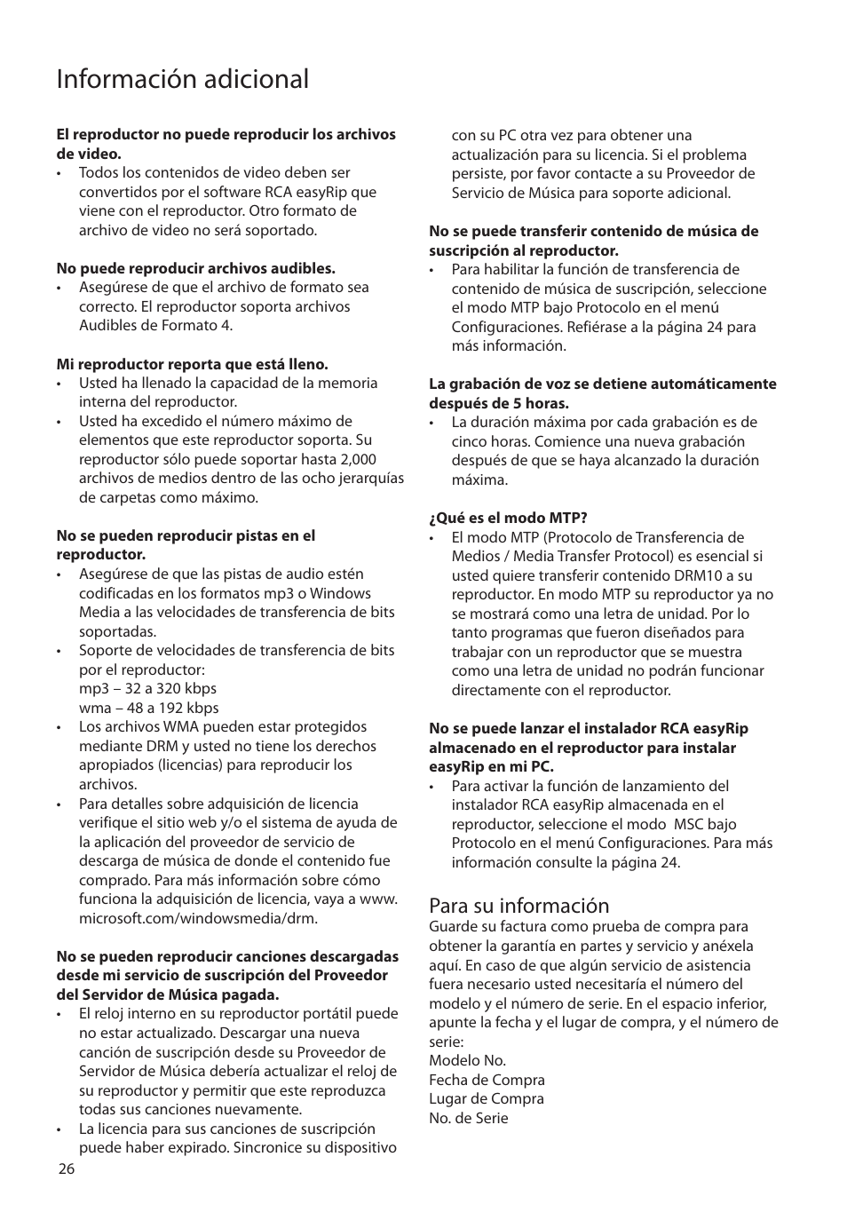 Para su información, Información adicional | RCA MC4308 User Manual | Page 55 / 87