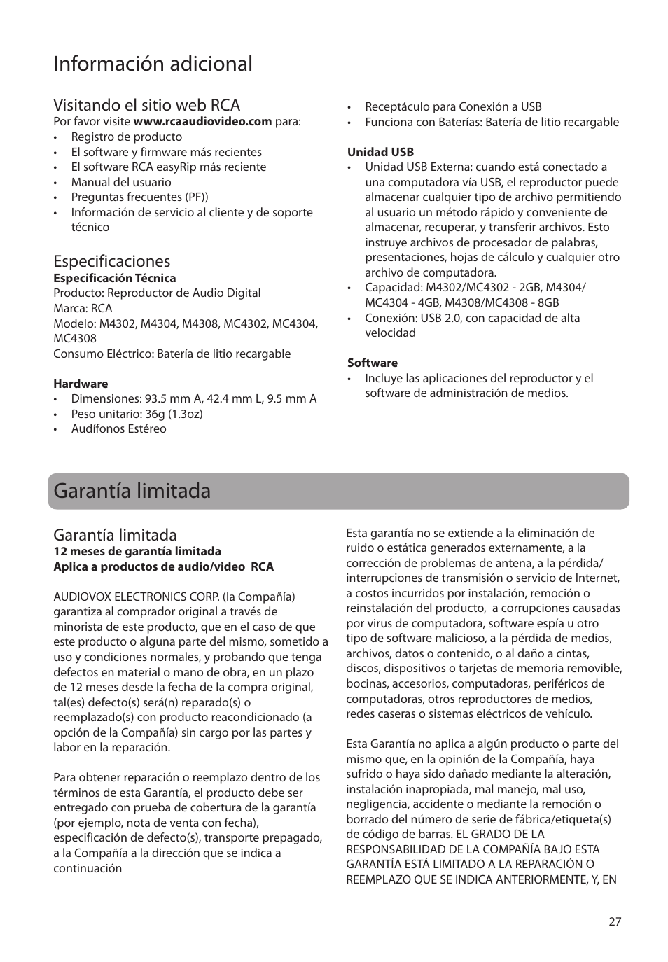 Visitando el sitio web rca, Especificaciones, Garantía limitada | Información adicional | RCA MC4308 User Manual | Page 56 / 87