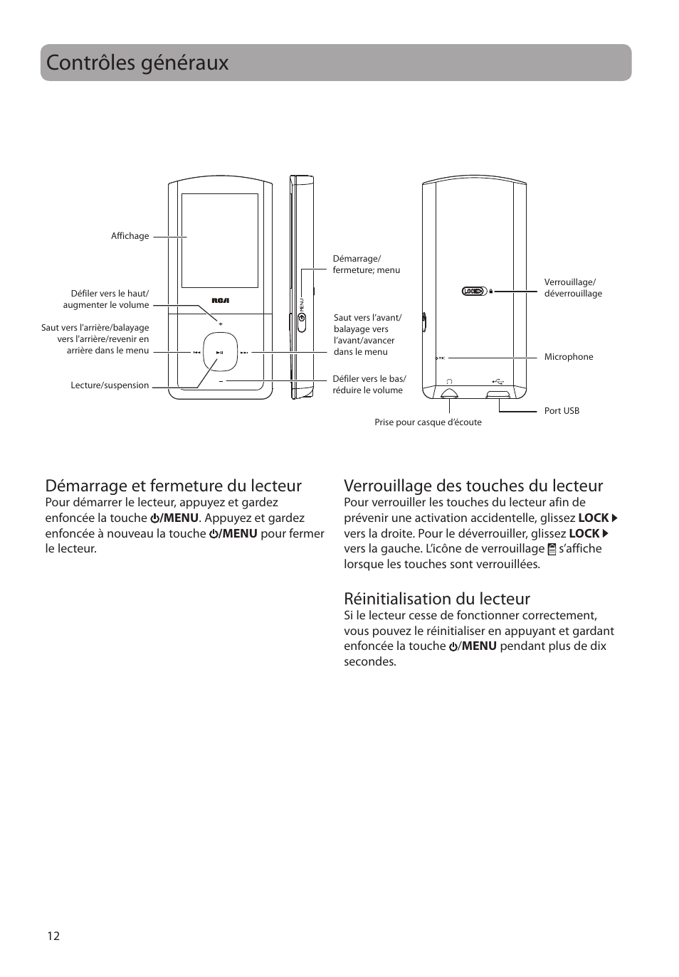 Contrôles généraux, Démarrage et fermeture du lecteur, Verrouillage des touches du lecteur | Réinitialisation du lecteur | RCA MC4308 User Manual | Page 70 / 87