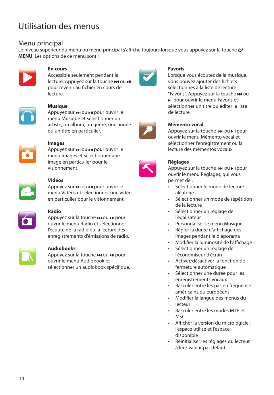 Menu principal, Utilisation des menus | RCA MC4308 User Manual | Page 72 / 87