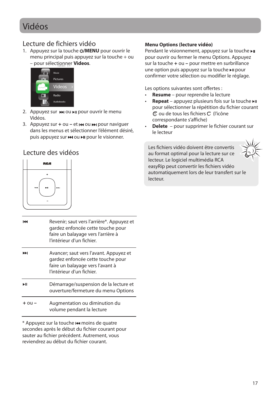 Vidéos, Lecture de fichiers vidéo, Lecture des vidéos | Lecture des vidéos lecture de fichiers vidéo | RCA MC4308 User Manual | Page 75 / 87