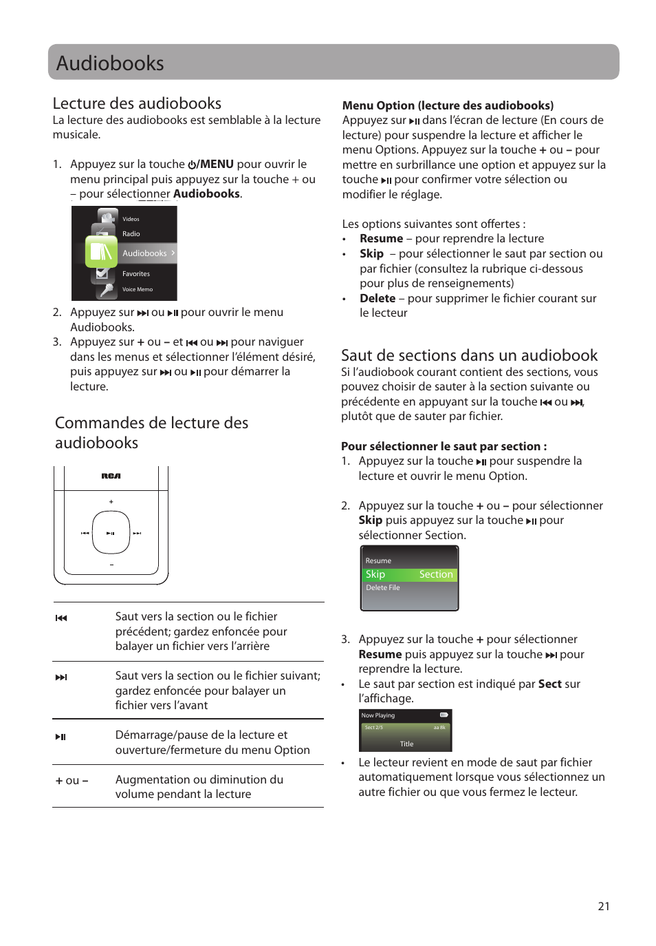 Audiobooks, Lecture des audiobooks, Commandes de lecture des audiobooks | Saut de sections dans un audiobook | RCA MC4308 User Manual | Page 79 / 87