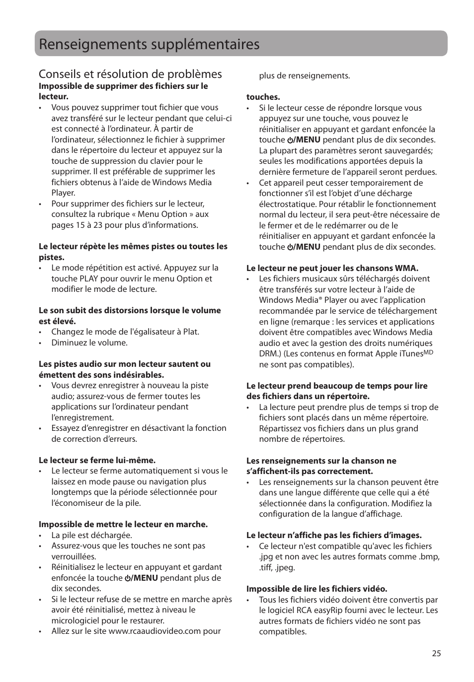 Renseignements supplémentaires, Conseils et résolution de problèmes | RCA MC4308 User Manual | Page 83 / 87