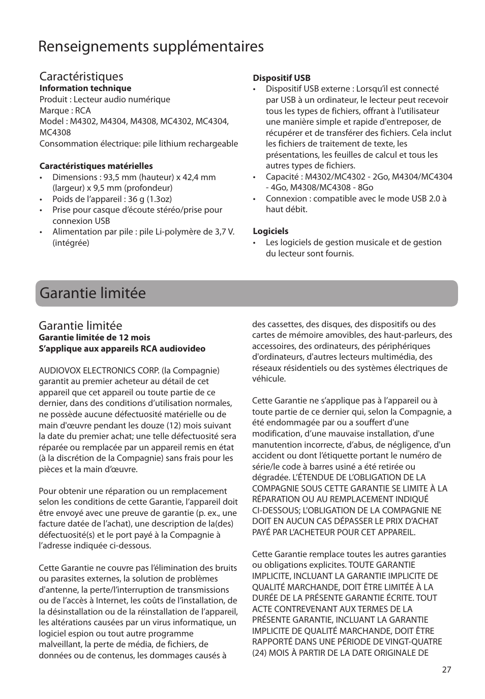 Caractéristiques, Garantie limitée, Renseignements supplémentaires | RCA MC4308 User Manual | Page 85 / 87