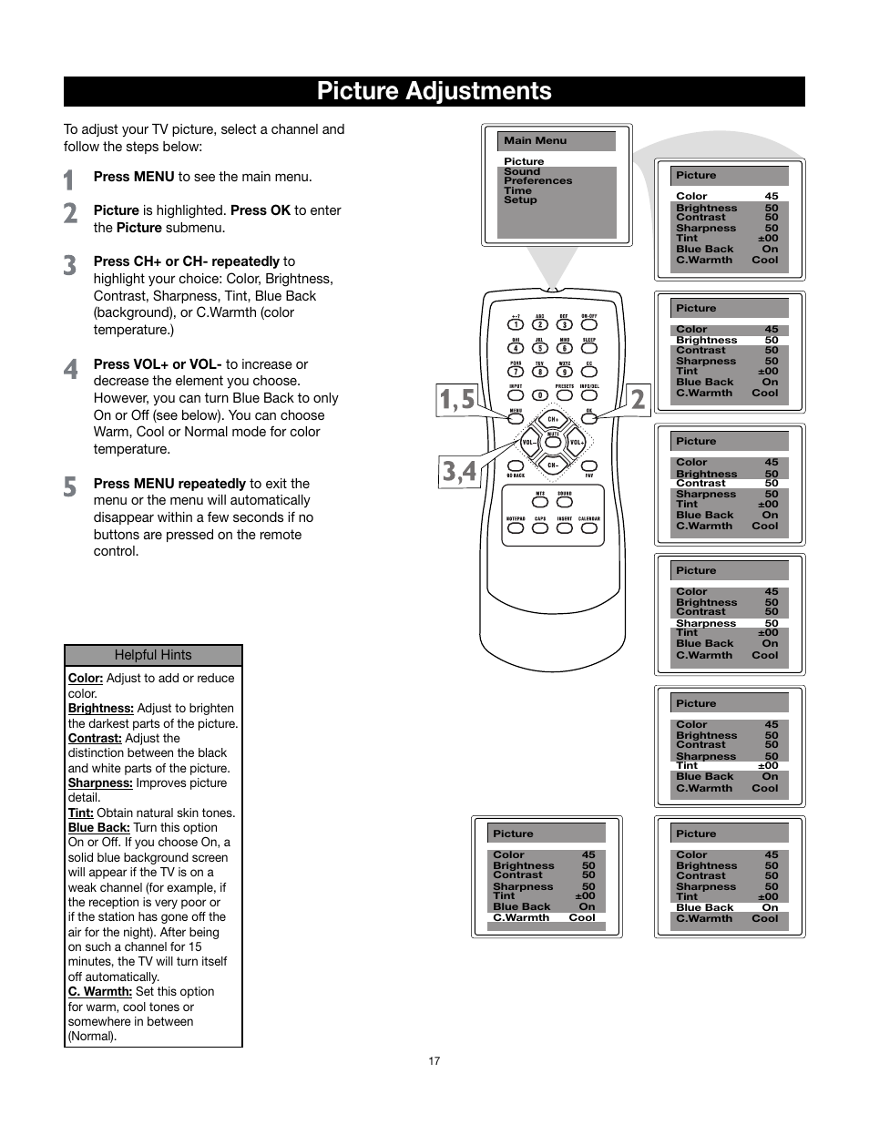 Picture adjustments, Helpful hints | RCA 32v432T User Manual | Page 18 / 40