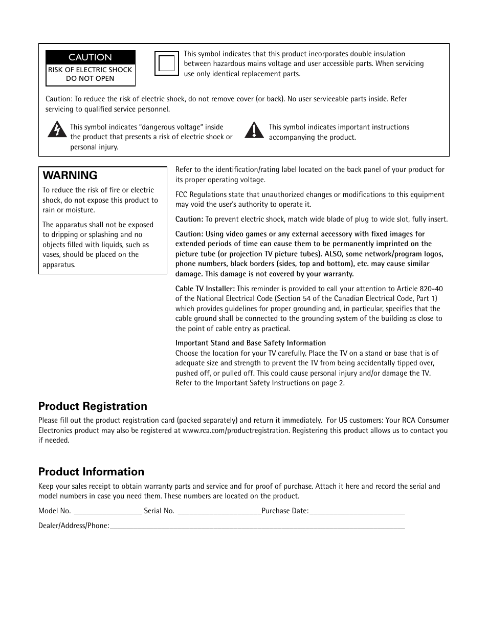 Product registration, Product information, Warning | RCA 32v432T User Manual | Page 2 / 40