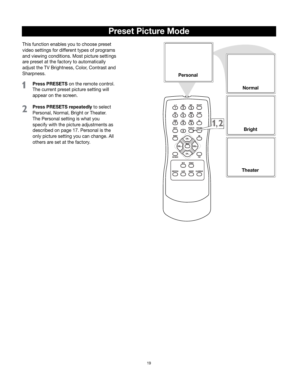 Preset picture mode | RCA 32v432T User Manual | Page 20 / 40