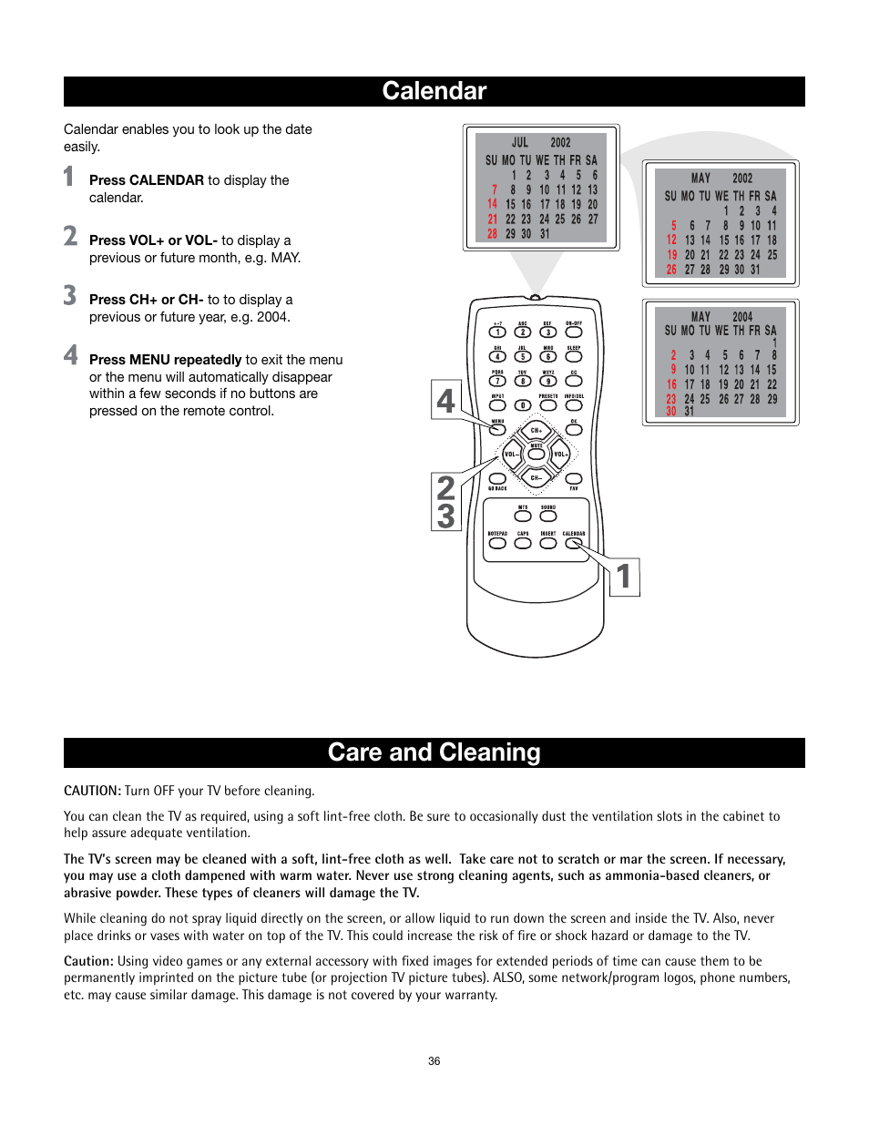 Calendar, Care and cleaning | RCA 32v432T User Manual | Page 37 / 40