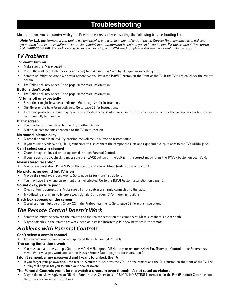 Troubleshooting, Tv problems, The remote control doesn’t work | Problems with parental controls | RCA 32v432T User Manual | Page 38 / 40