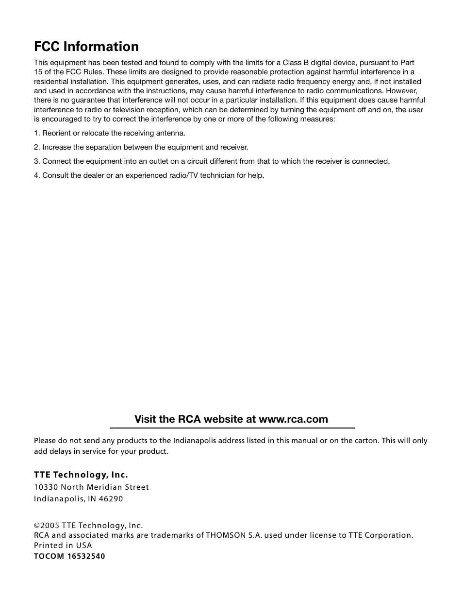 Fcc information | RCA 32v432T User Manual | Page 40 / 40