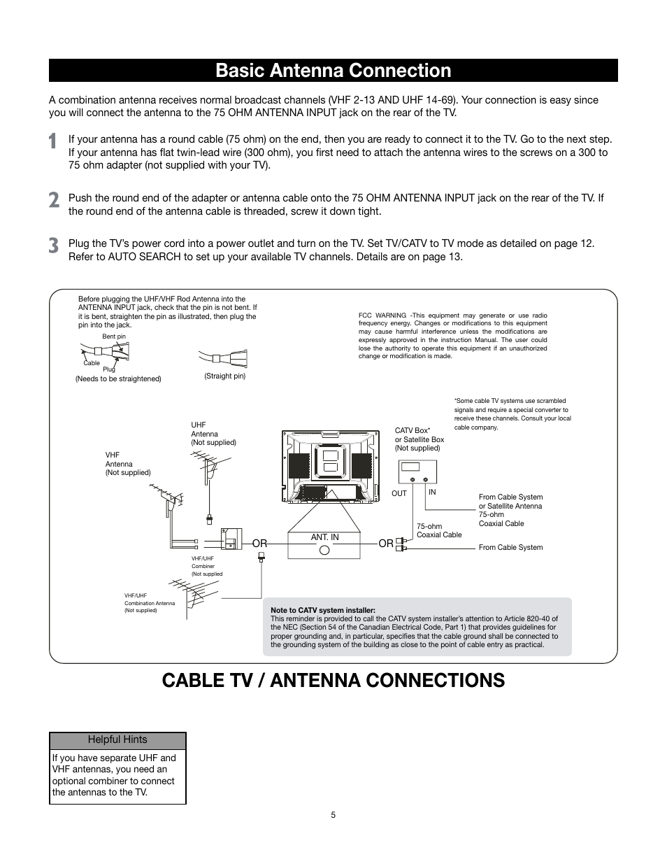 Basic antenna connection, Cable tv / antenna connections | RCA 32v432T User Manual | Page 6 / 40