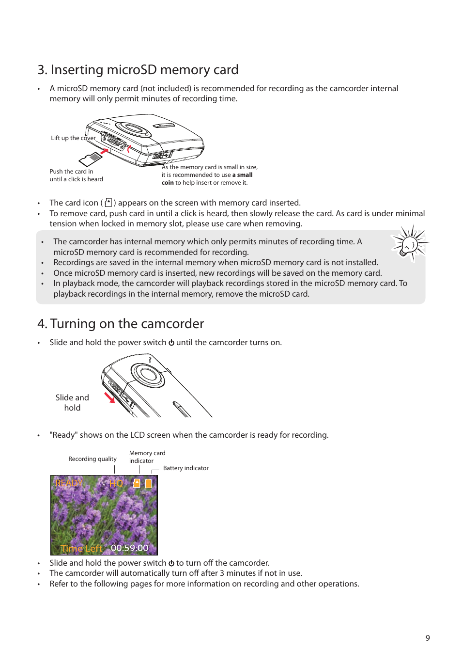 Inserting microsd memory card, Turning on the camcorder | RCA EZ1010BL User Manual | Page 10 / 29