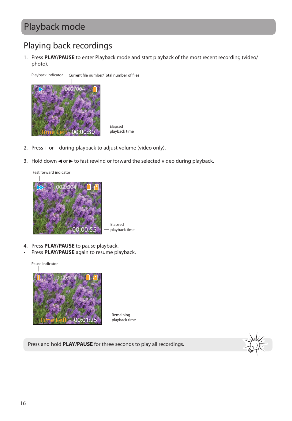 Playback mode, Playing back recordings | RCA EZ1010BL User Manual | Page 17 / 29