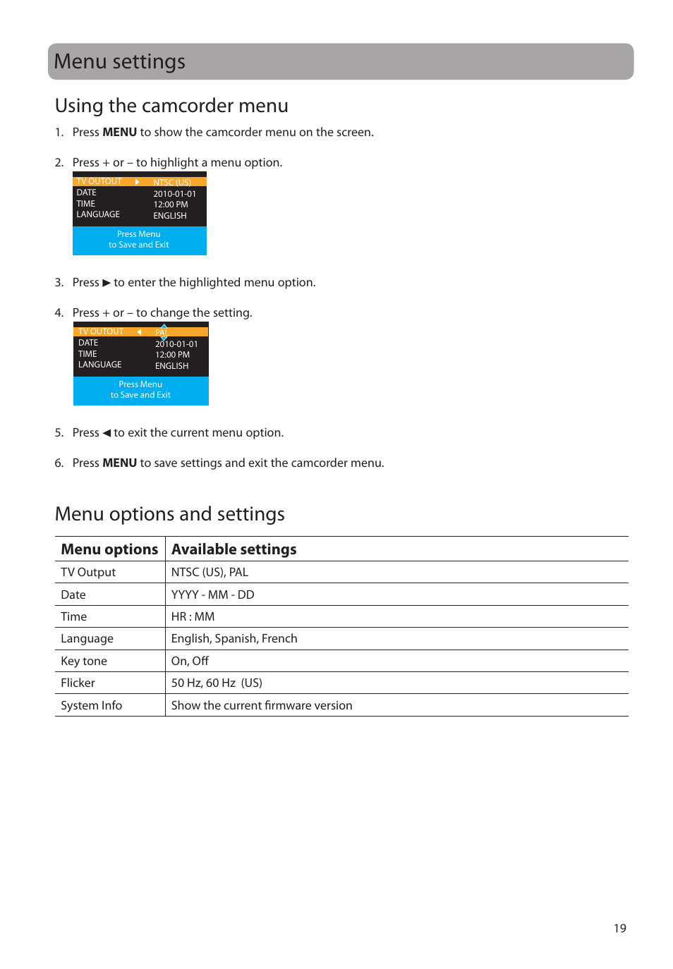 Menu settings, Using the camcorder menu, Menu options and settings | Menu options available settings | RCA EZ1010BL User Manual | Page 20 / 29