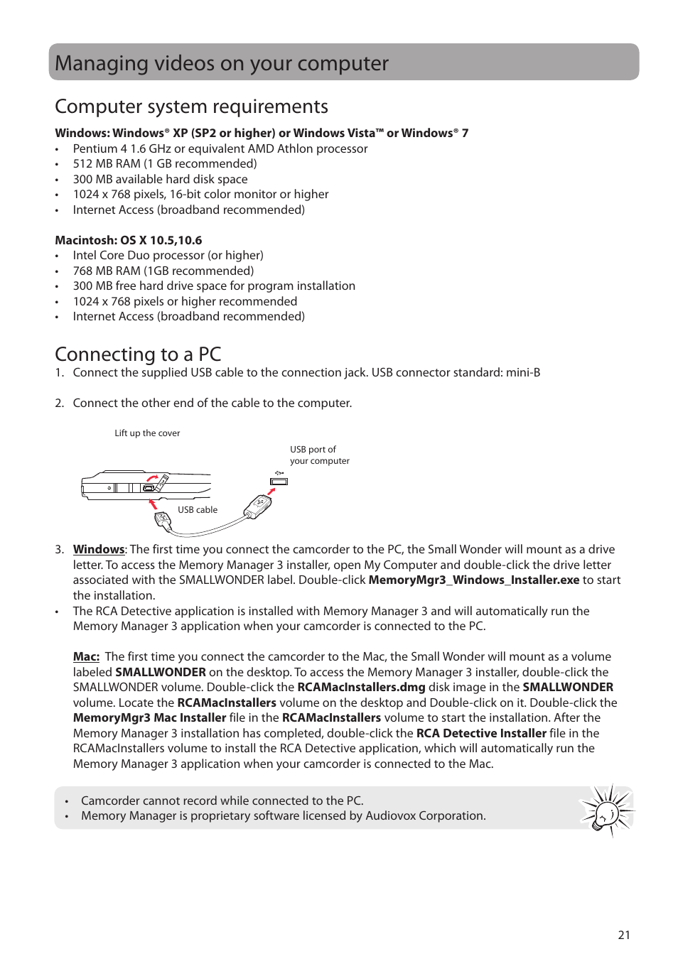 Managing videos on your computer, Computer system requirements, Connecting to a pc | RCA EZ1010BL User Manual | Page 22 / 29