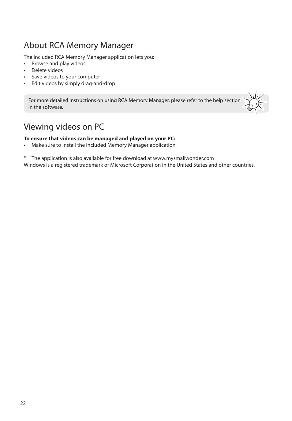 About rca memory manager, Viewing videos on pc | RCA EZ1010BL User Manual | Page 23 / 29