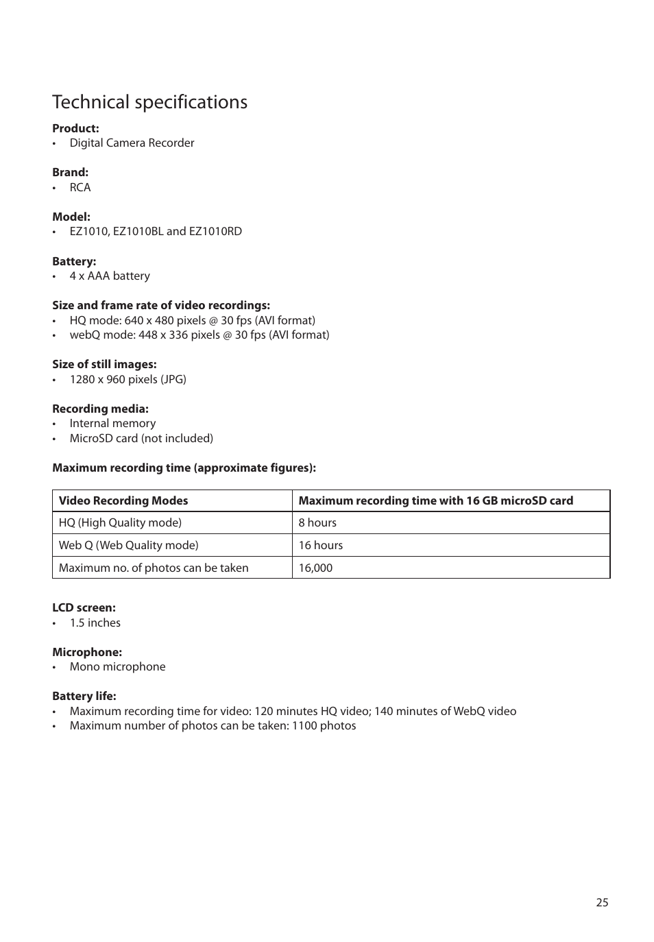 Technical specifications | RCA EZ1010BL User Manual | Page 26 / 29