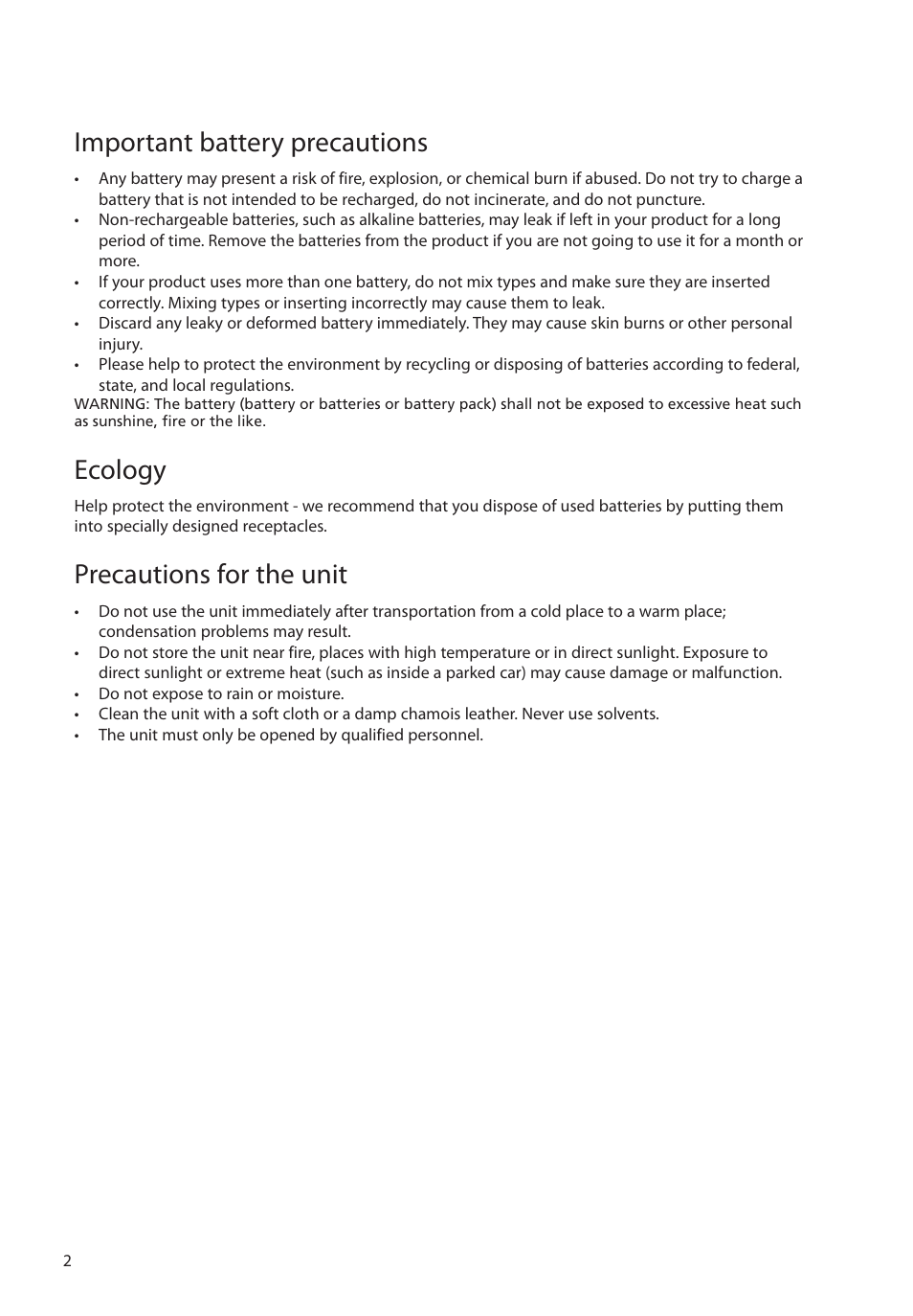 Important battery precautions, Ecology, Precautions for the unit | RCA EZ1010BL User Manual | Page 3 / 29