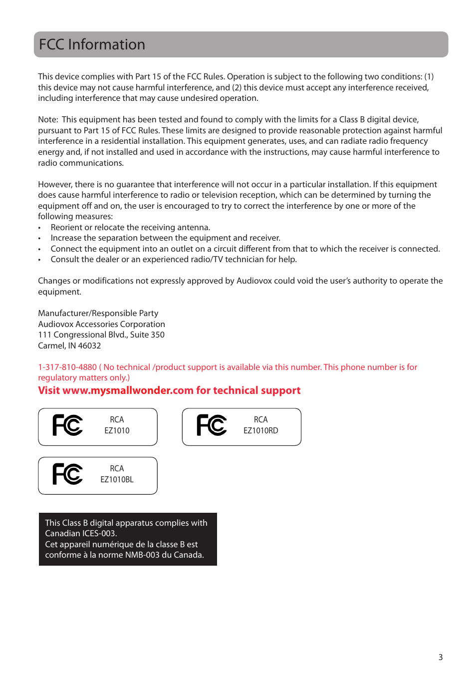 Fcc information | RCA EZ1010BL User Manual | Page 4 / 29