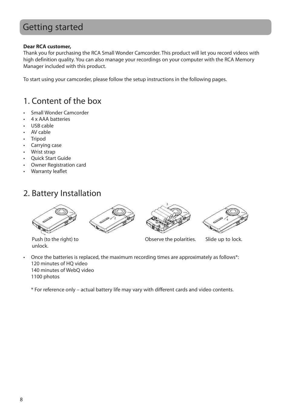 Getting started, Content of the box, Battery installation | RCA EZ1010BL User Manual | Page 9 / 29