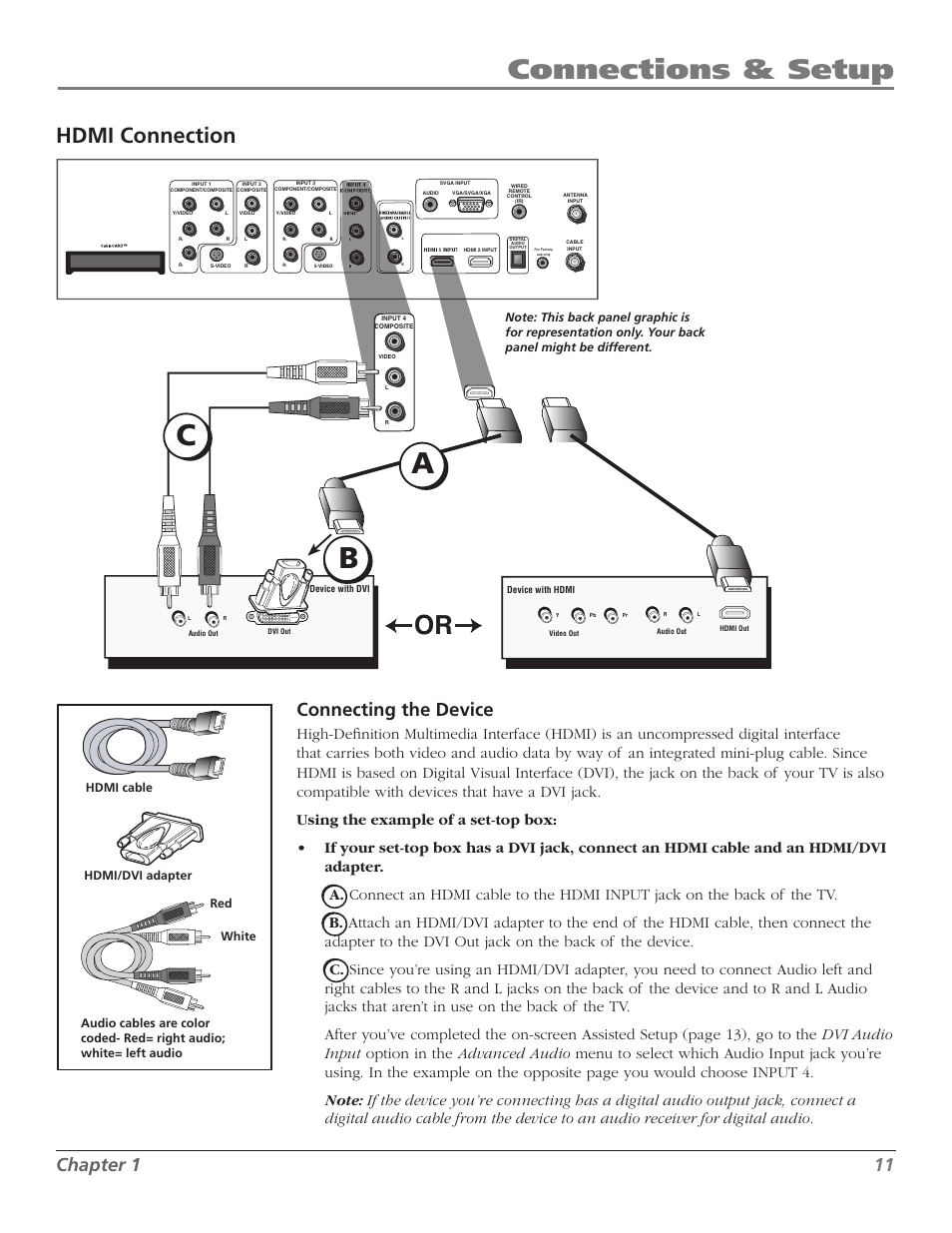 Ba c, Connections & setup, Hdmi connection | Chapter, Connecting the device | RCA Scenium M50WH187 User Manual | Page 13 / 64