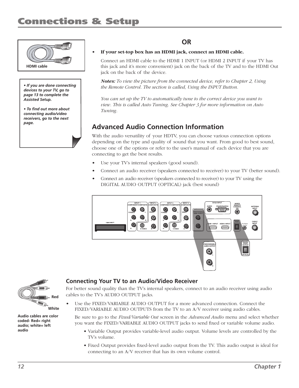 Connections & setup, Advanced audio connection information, Chapter | Connecting your tv to an audio/video receiver | RCA Scenium M50WH187 User Manual | Page 14 / 64