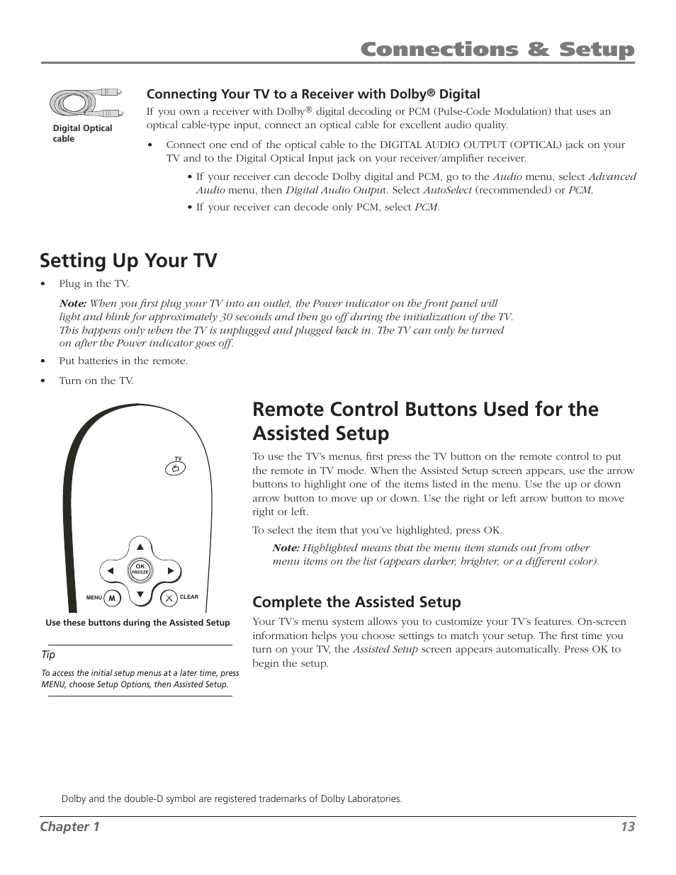 Connections & setup, Setting up your tv, Remote control buttons used for the assisted setup | Complete the assisted setup, Chapter, Connecting your tv to a receiver with dolby, Digital | RCA Scenium M50WH187 User Manual | Page 15 / 64