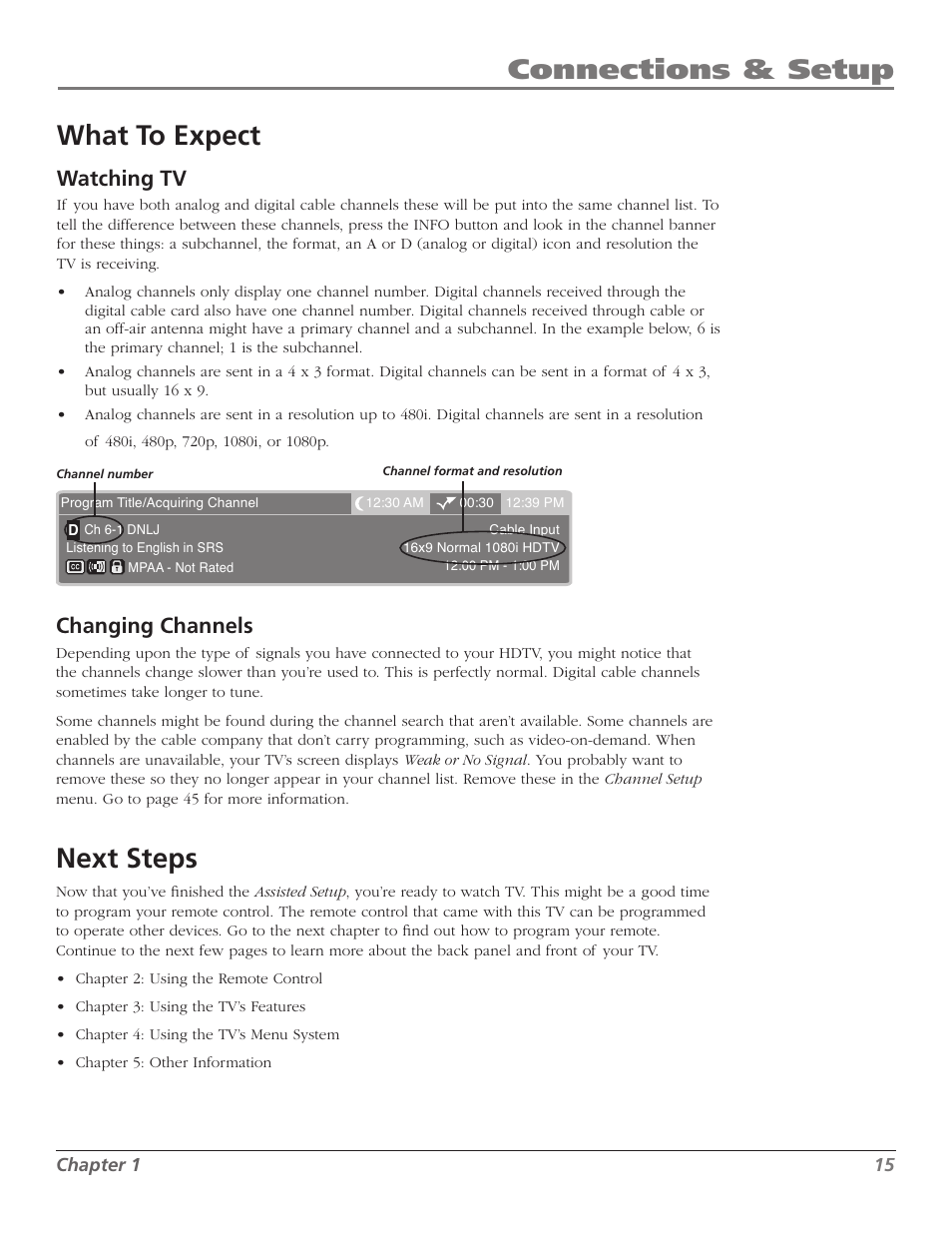 Connections & setup, What to expect, Next steps | Watching tv, Changing channels | RCA Scenium M50WH187 User Manual | Page 17 / 64