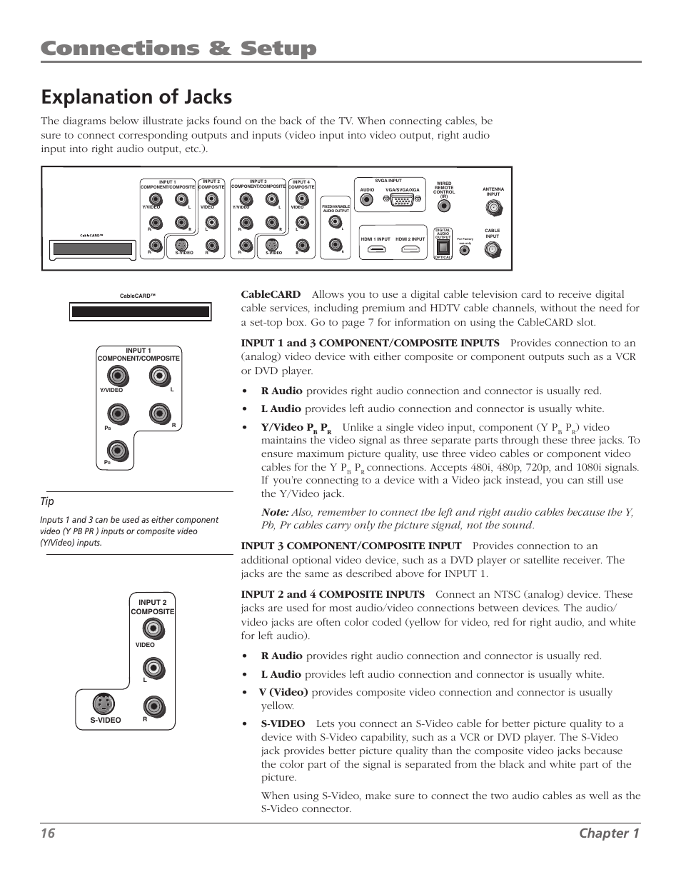 Connections & setup, Explanation of jacks, Chapter | Unlike a single video input, component (y p | RCA Scenium M50WH187 User Manual | Page 18 / 64